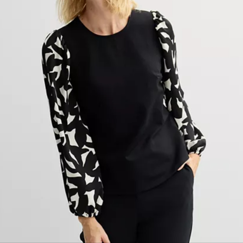 NWT Nine West Black and White Puff Sleeve Mixed Media Blouse